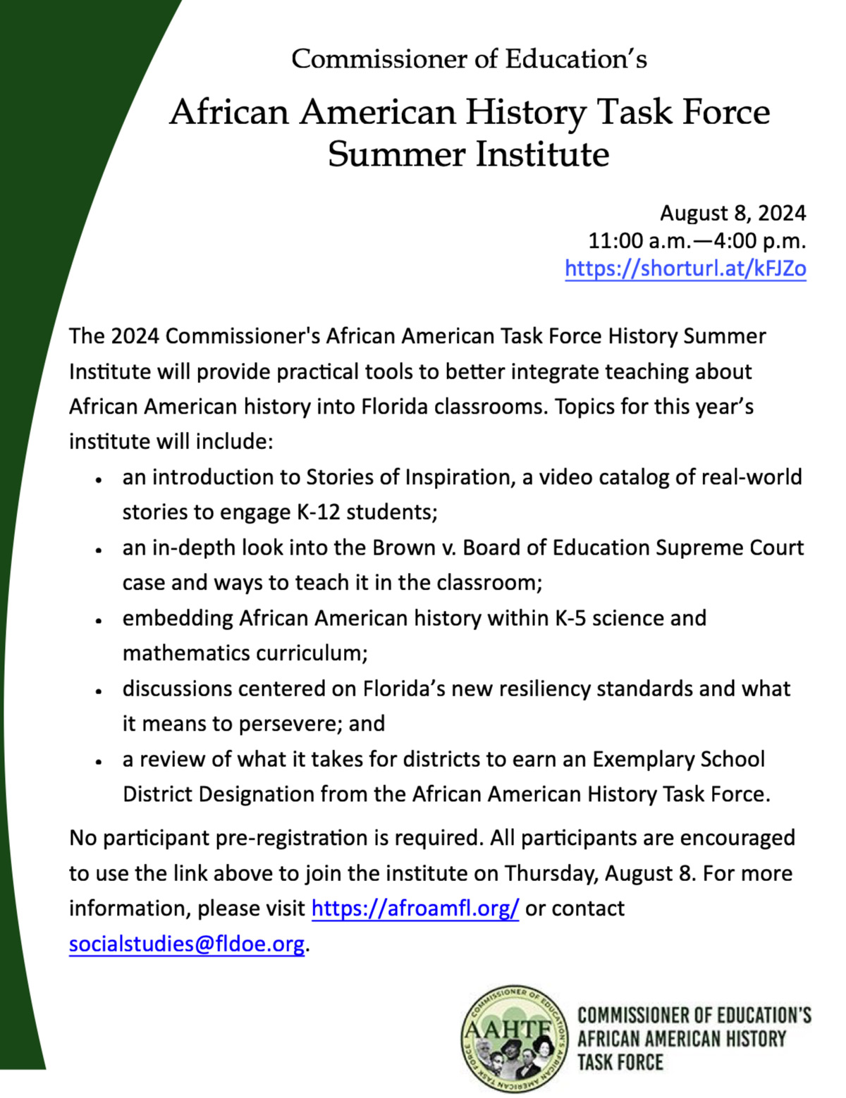 African American History Task Force Summer Institute Invitation 2024